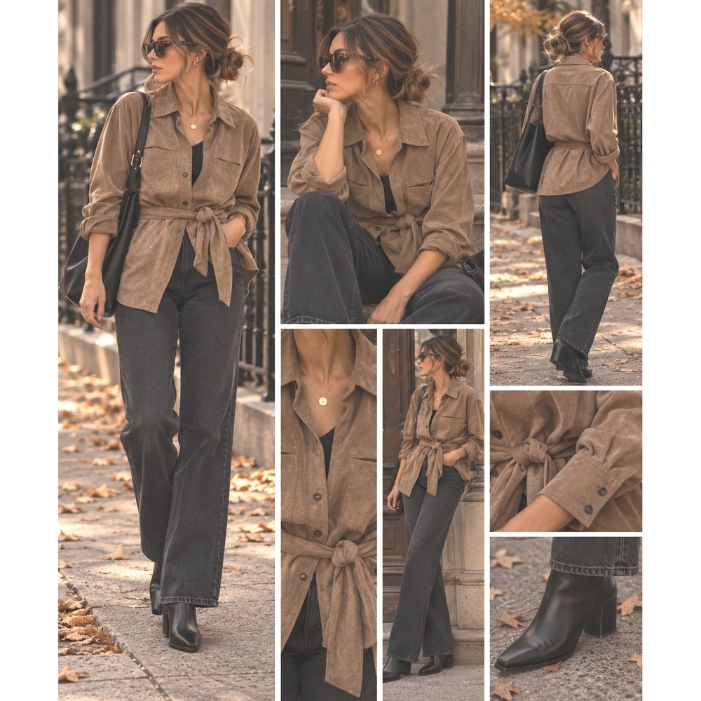 BR belted sueded jacket fall ultra soft layering jeans date night cinched tan sm